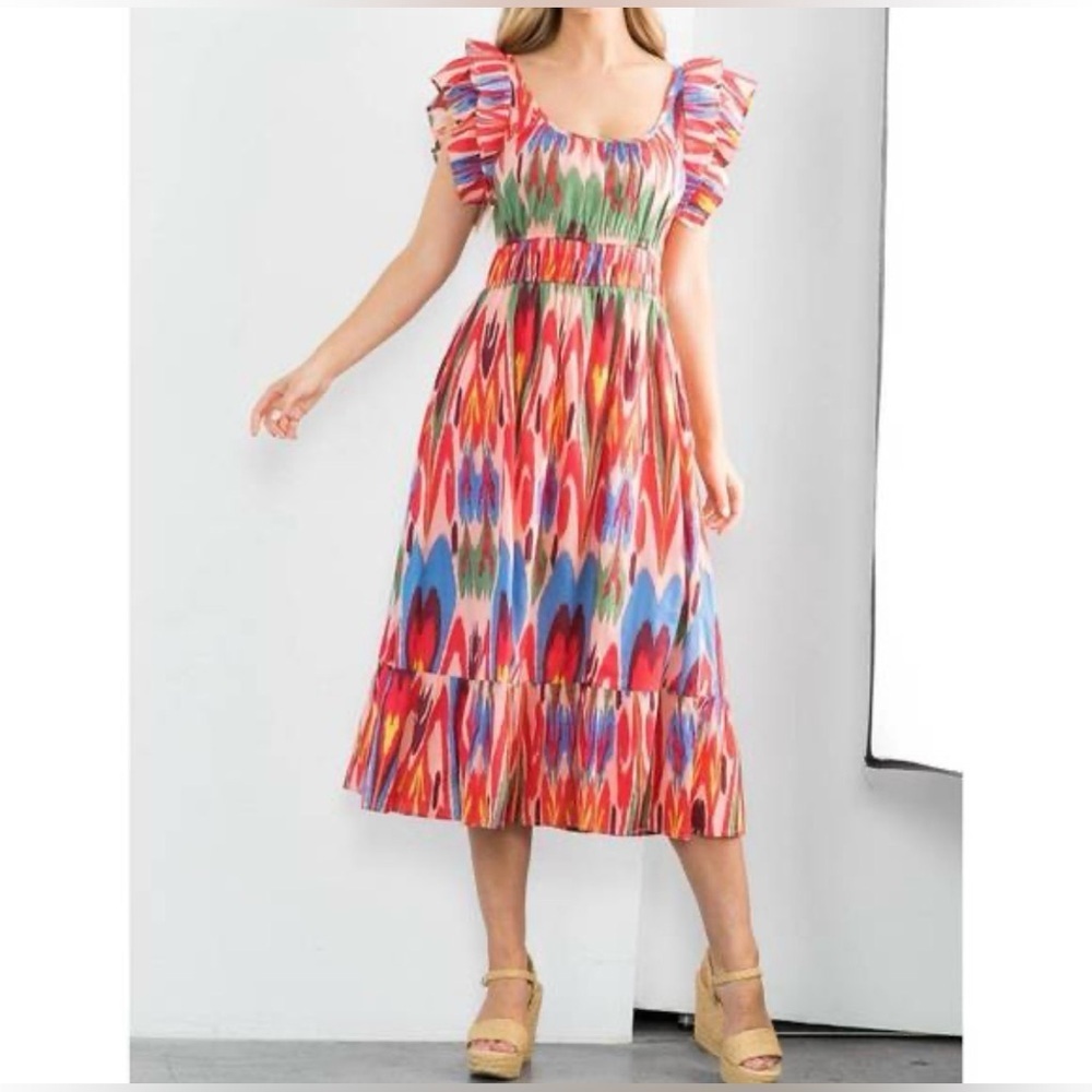 NEW THML flutter sleeve ikat print dress in pink